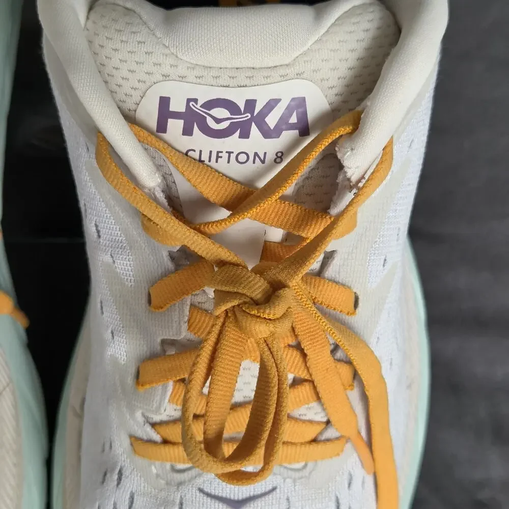 Hoka One One Womens Sz 10.5B Clifton 8 Running Shoes Sneakers Yellow White
